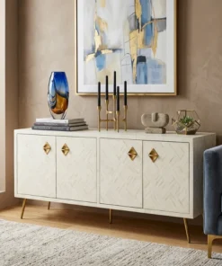 Bone Inlay Scandinavian White Solid Wood Sideboard in modern living room