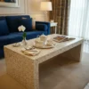 Luxurious Mother of Pearl Inlay Leaves Pattern Wooden Coffee Table with cups and blue sofa