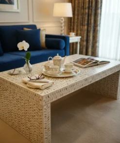 Luxurious Mother of Pearl Inlay Leaves Pattern Wooden Coffee Table with cups and blue sofa