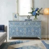 Antique Indian Handmade Mother of pearl Blue Floral Chest of Drawer Dresser in modern living room with sofa and decor
