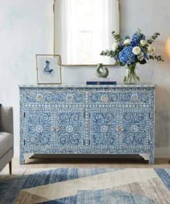Antique Indian Handmade Mother of pearl Blue Floral Chest of Drawer Dresser in modern living room with sofa and decor