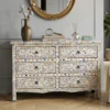 Antique Indian Handmade White Bone Inlay Blue Floral Chest of 6 Drawer Dresser