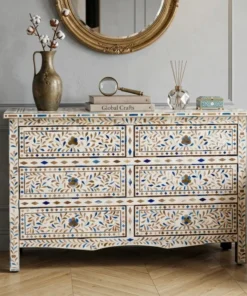 Antique Indian Handmade White Bone Inlay Blue Floral Chest of 6 Drawer Dresser
