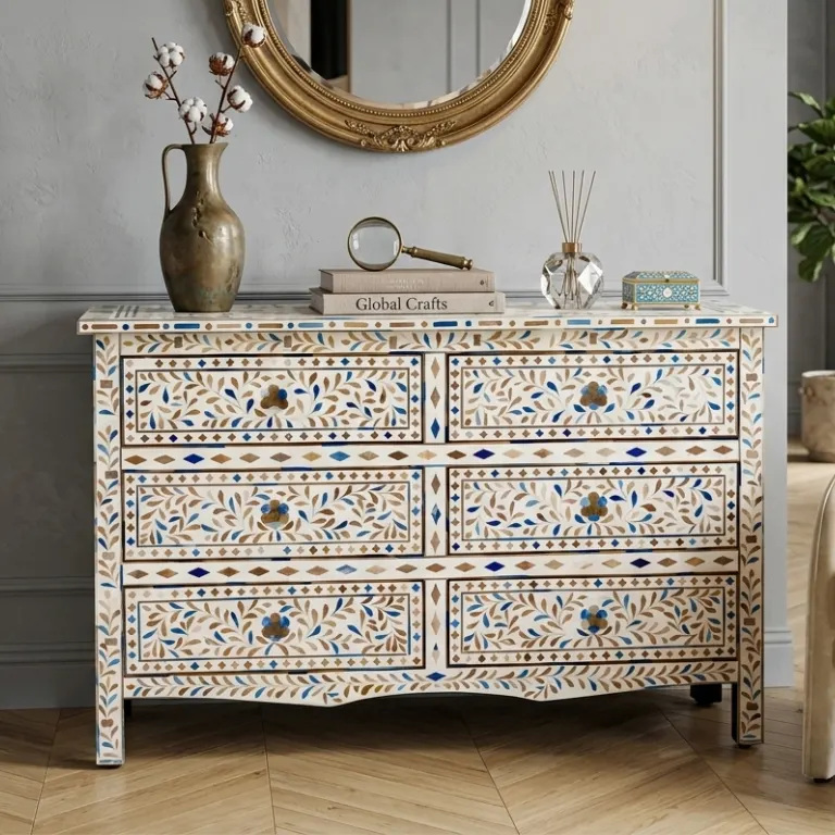 antique-white-bone-inlay-6-drawer-chest Antique Indian Handmade White Bone Inlay Blue Floral Chest of 6 Drawer Dresser