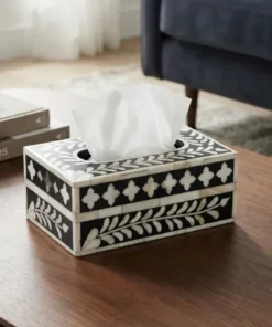Handmade black bone inlay floral tissue box with decorative inlay pattern