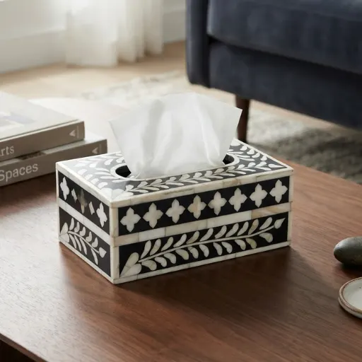 Handmade black bone inlay floral tissue box with decorative inlay pattern