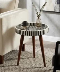 Handmade black bone inlay tray side table with decorative inlay design