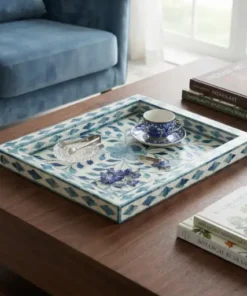 Handmade blue bone inlay serving kitchen tray with decorative floral design