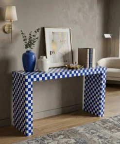 Bone Inlay Chess Design Console table placed in suite room with decor items