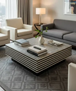 Bone inlay illusion Pattern Square Coffee Table placed in modern living room with sofa