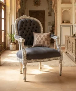 Handmade French style German silver royal chair with carved metalwork in royal haveli interior