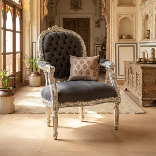 Handmade French style German silver royal chair with carved metalwork in royal haveli interior