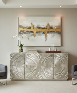 Handmade German Silver Benson Sideboard Table placed in modern living room with wall art and sofa