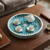 Handmade blue bone inlay floral round tray with cups and serving