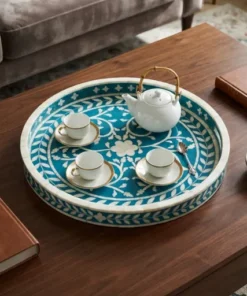Handmade blue bone inlay floral round tray with cups and serving