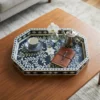 Handmade blue bone inlay floral coffee serving tray with coffee cup and other items