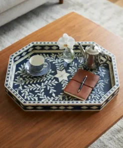 Handmade blue bone inlay floral coffee serving tray with coffee cup and other items