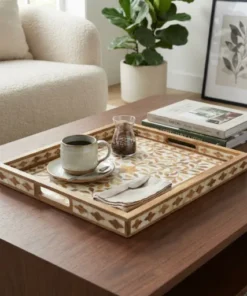 Handmade wood inlay floral serving tray with intricate decorative pattern