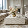 Luxurious Mother of Pearl Inlay Coffee Table with Unique Star Pattern & Brass Metal Base in modern living room with decor