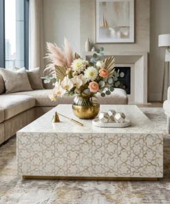 Luxurious Mother of Pearl Inlay Coffee Table with Unique Star Pattern & Brass Metal Base in modern living room with decor