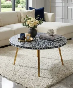 Navy blue Mother of Pearl inlay round floral coffee table with handmade decorative design