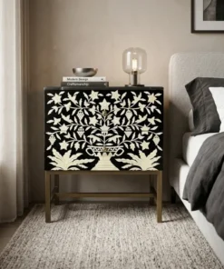 Bone Inlay Floral Design Embossed Bedside Table