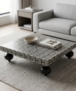 Black Bone Inlay Geometrical Design Pattern Sauté Shape Coffee Table in modern living with Grey Coffee Table
