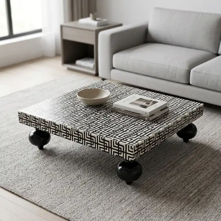 Black Bone Inlay Geometrical Design Pattern Sauté Shape Coffee Table in modern living with Grey Coffee Table