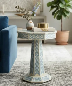 Beautiful Handmade Blue Bone Inlay Floral Pattern Pedestal Side Table in modern living room