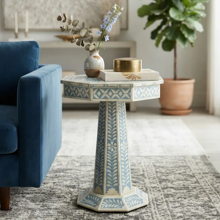 Beautiful Handmade Blue Bone Inlay Floral Pattern Pedestal Side Table in modern living room