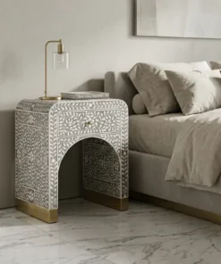 Handmade grey bone inlay 1 drawer floral bedside table in modern bedroom