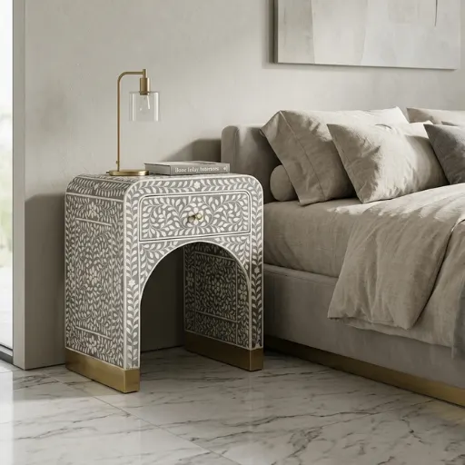 Handmade grey bone inlay 1 drawer floral bedside table in modern bedroom