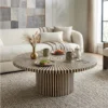 Handmade Bone Inlay Round Coffee Table Modern Striped Pattern placed in modern living room