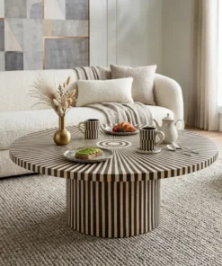 Handmade Bone Inlay Round Coffee Table Modern Striped Pattern placed in modern living room