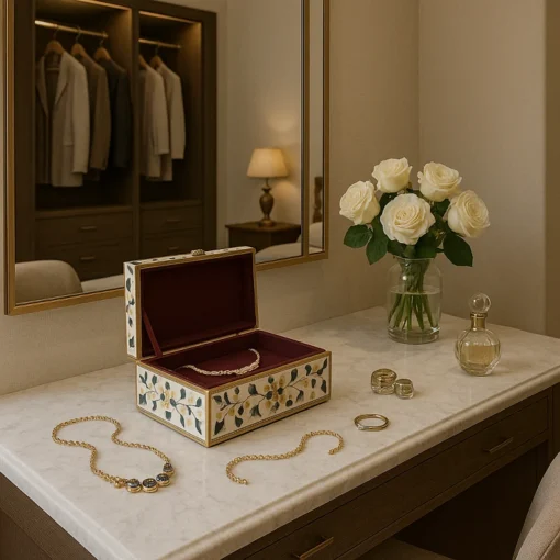 Jewellery box open showing storage compartments