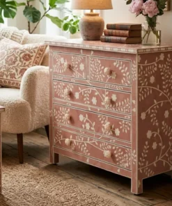 Rose Pink Bone Inlay Chest of 5 Drawers