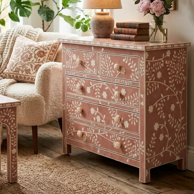 pink bone inlay dresser Pink & White Bone Inlay Two Drawer Side Table With Floral Pulls