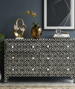 Handmade Bone Inlay 4 Drawer Geometrical Design Sideboard placed in modern living room with decor items