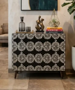 Black Bone Inlay Floral 3 Drawer Chest in contemporary living room with sofa