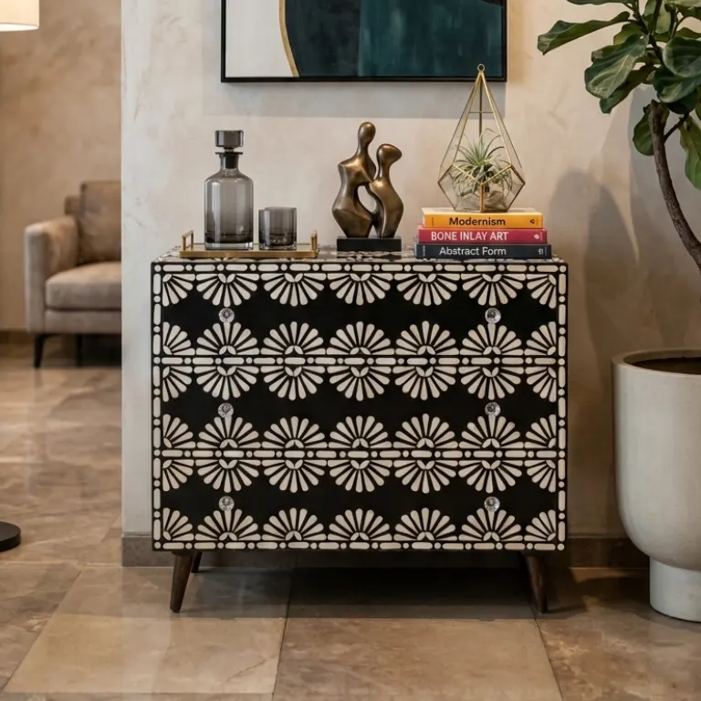 Black Bone Inlay Floral 3 Drawer Chest in contemporary living room with sofa