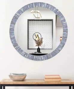 Bone inlay round blue wall mirror