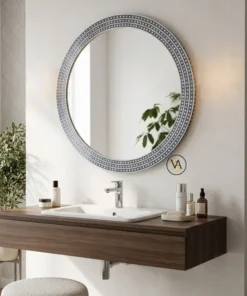 Navy Blue Bone Inlay Diamond Design Wall Mirror in Modern Vanity Room with Items