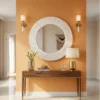 Handmade white bone inlay decorative large wall mirror on sunrise orange modern wall with wood console and decor