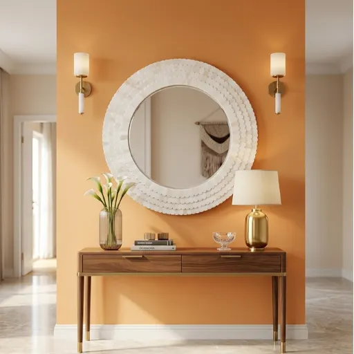 Handmade white bone inlay decorative large wall mirror on sunrise orange modern wall with wood console and decor