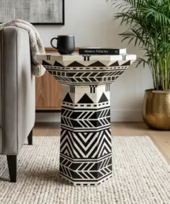 Black and White Bone Inlay Hexagon Shape Decorative Side Table in modern living room