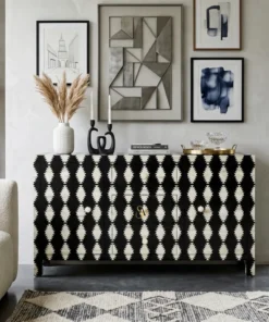 Black Bone Inlay Sideboard 3 drawer 2 door in contemporary living room with sofa