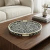 Handmade black bone inlay floral round serving tray on coffee table