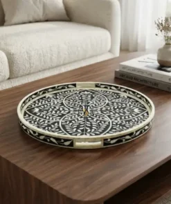 Handmade black bone inlay floral round serving tray on coffee table