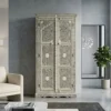 Jharokha Design Bone Inlay Floral Grey Almirah in living room with beige sofa and coffee table