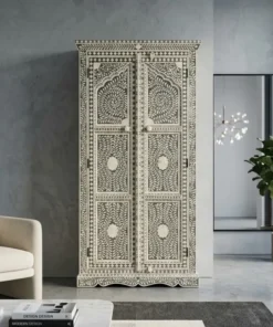 Jharokha Design Bone Inlay Floral Grey Almirah in living room with beige sofa and coffee table